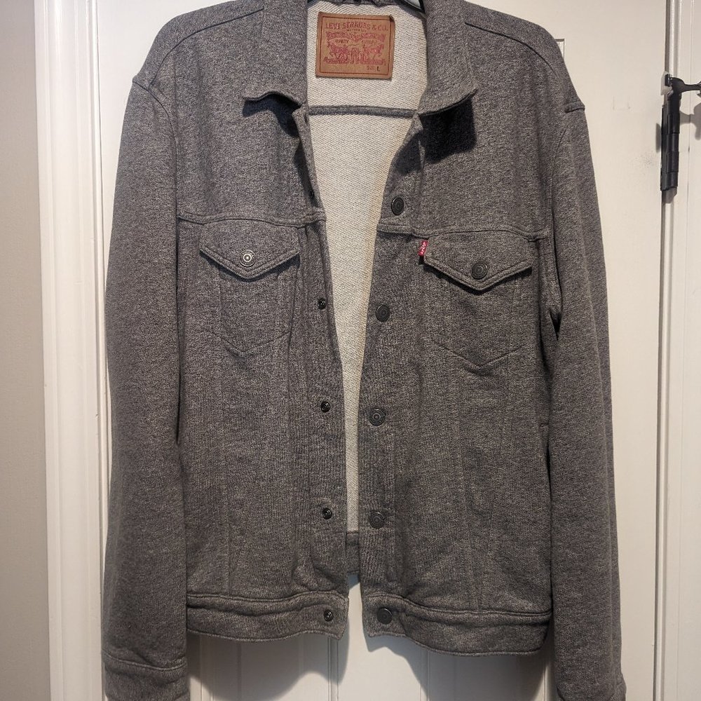 Levis Trucker Jacket Men's Large Gray Jersey Knit Snap Closure Terry